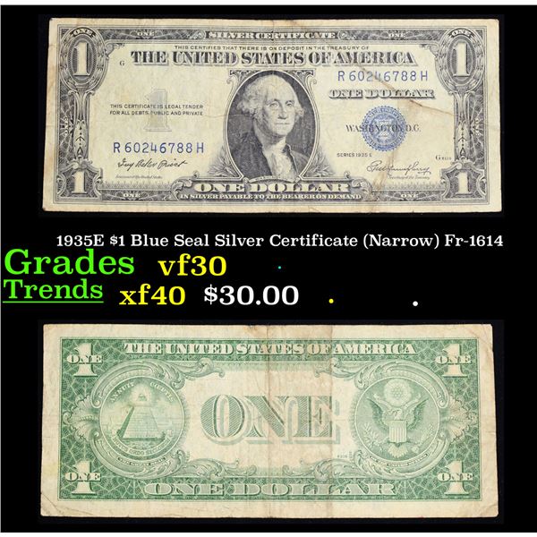 1935E $1 Blue Seal Silver Certificate (Narrow) Fr-1614 Grades vf++