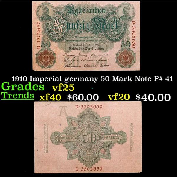 1910 Imperial Germany 50 Mark Note P# 41 Grades vf+