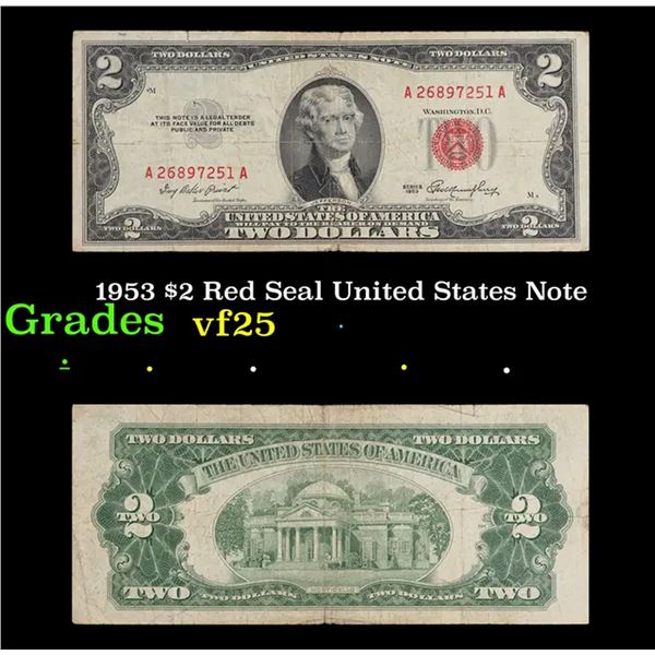 1953 $2 Red Seal United States Note Grades vf+