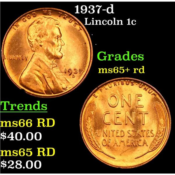 1937-d Lincoln Cent 1c Grades Gem+ Unc RD