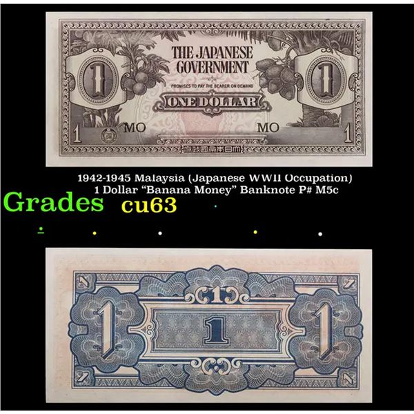 1942-1945 Malaysia (Japanese WWII Occupation) 1 Dollar "Banana Money" Banknote P# M5c Grades Select 