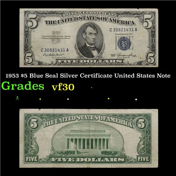 1953 $5 Blue Seal Silver Certificate United States Note Grades vf++