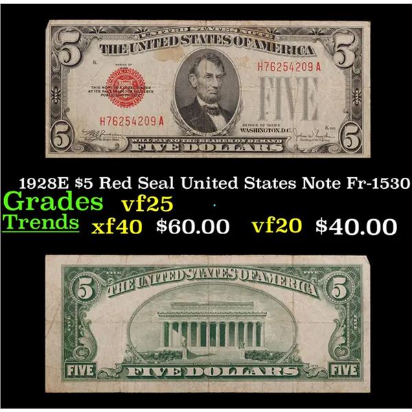 1928E $5 Red Seal United States Note Fr-1530 Grades vf+