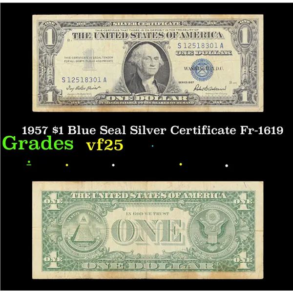 1957 $1 Blue Seal Silver Certificate Fr-1619 Grades vf+