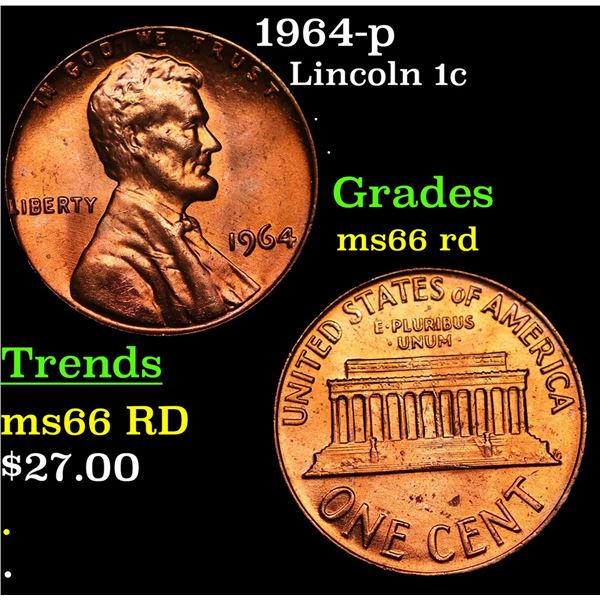 1964-p Lincoln Cent 1c Grades GEM+ Unc RD