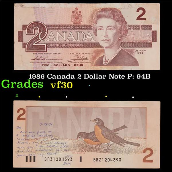 1986 Canada 2 Dollar Note P: 94B Grades vf++