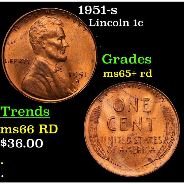 1951-s Lincoln Cent 1c Grades Gem+ Unc RD