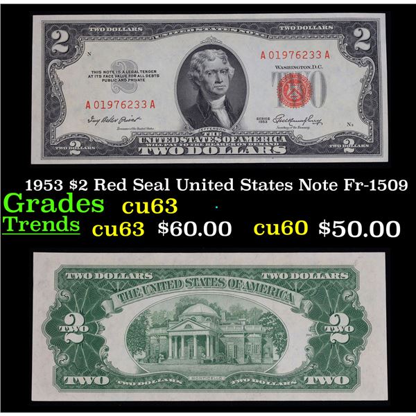 1953 $2 Red Seal United States Note Fr-1509 Grades Select CU