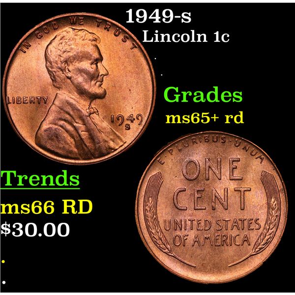 1949-s Lincoln Cent 1c Grades Gem+ Unc RD