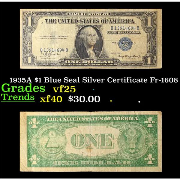 1935A $1 Blue Seal Silver Certificate Fr-1608 Grades vf+