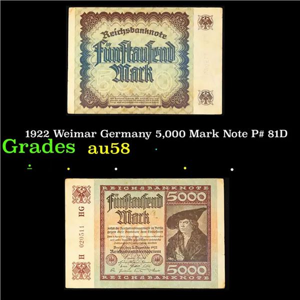 1922 Weimar Germany 5,000 Mark Note P# 81D Grades Choice AU/BU Slider