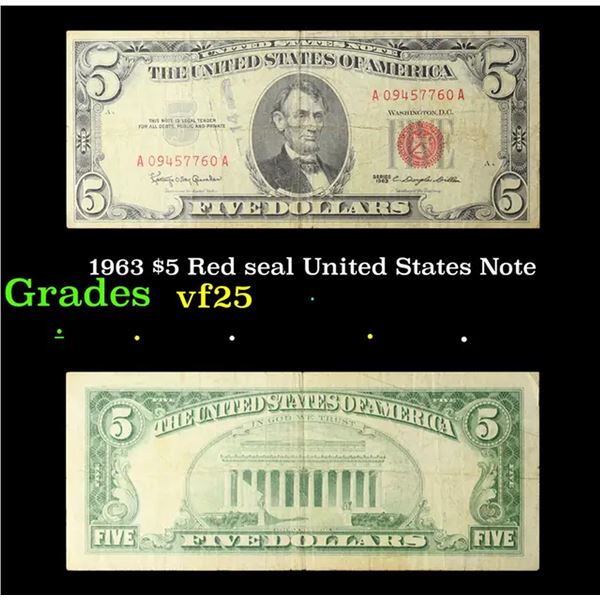 1963 $5 Red seal United States Note Grades vf+