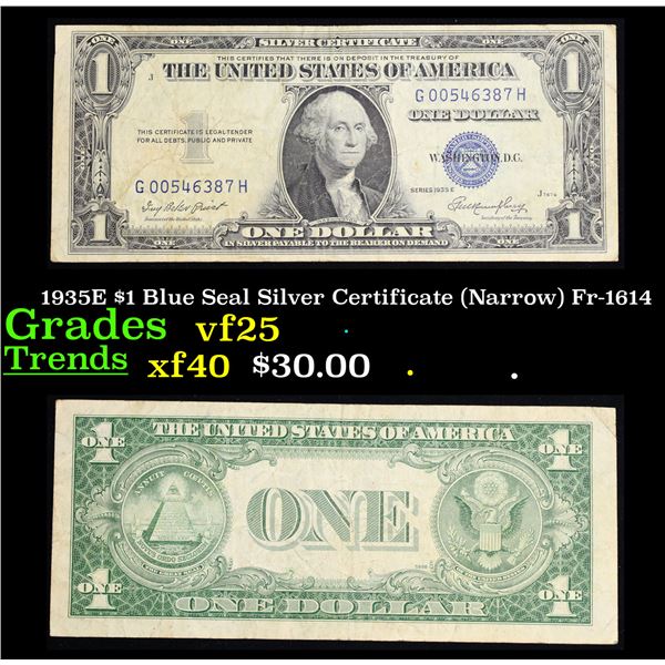 1935E $1 Blue Seal Silver Certificate (Narrow) Fr-1614 Grades vf+