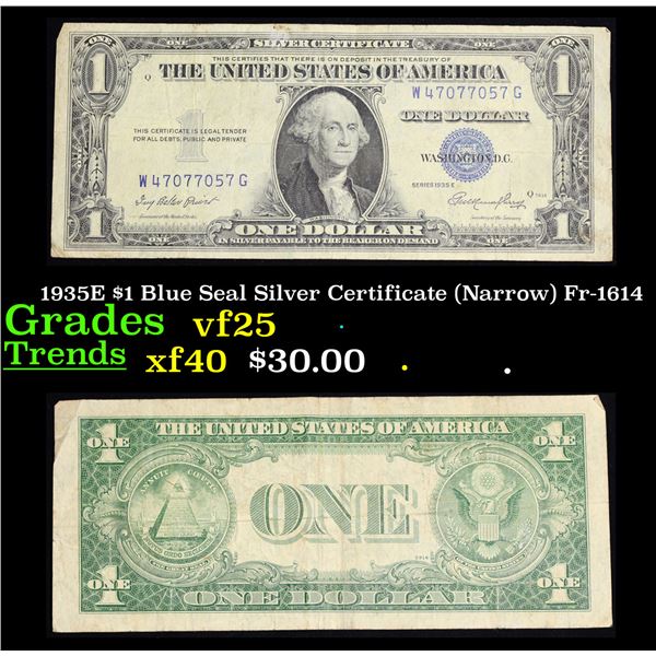 1935E $1 Blue Seal Silver Certificate (Narrow) Fr-1614 Grades vf+