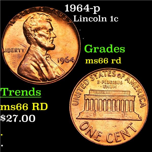 1964-p Lincoln Cent 1c Grades GEM+ Unc RD