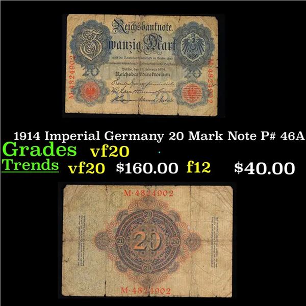 1914 Imperial Germany 20 Mark Note P# 46A Grades vf, very fine