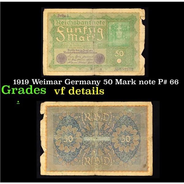 1919 Weimar Germany 50 Mark note P# 66 Grades vf details