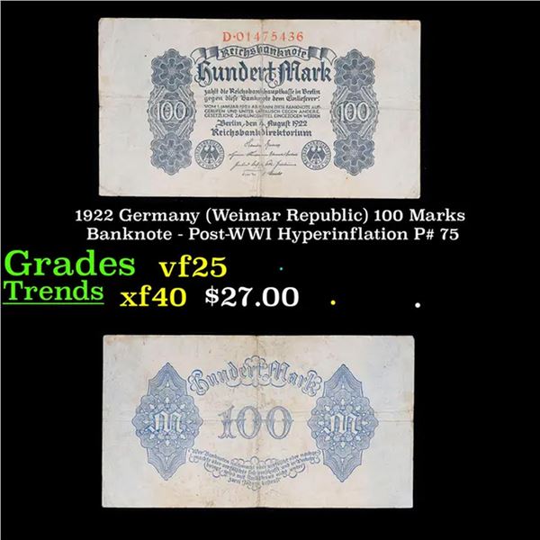 1922 Germany (Weimar Republic) 100 Marks Banknote - Post-WWI Hyperinflation P# 75 Grades vf+