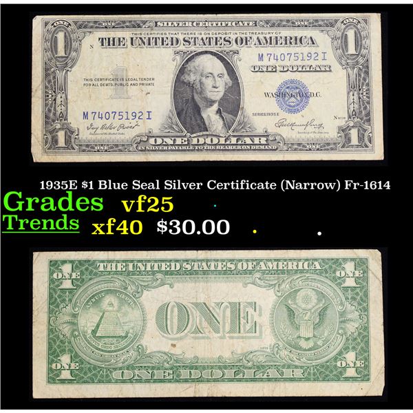 1935E $1 Blue Seal Silver Certificate (Narrow) Fr-1614 Grades vf+