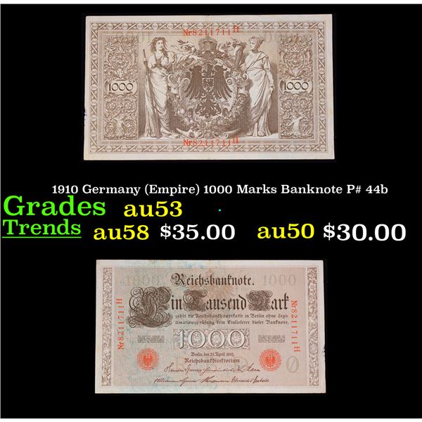 1910 Germany (Empire) 1000 Marks Banknote P# 44b Grades Select AU