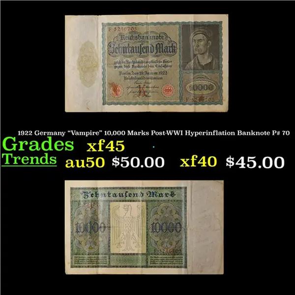 1922 Germany "Vampire" 10,000 Marks Post-WWI Hyperinflation Banknote P# 70 Grades xf+