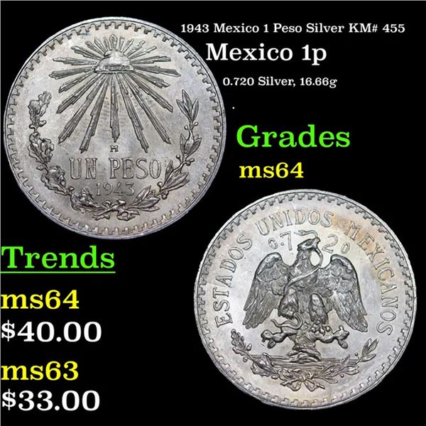 1943 Mexico 1 Peso Silver KM# 455 Grades Choice Unc