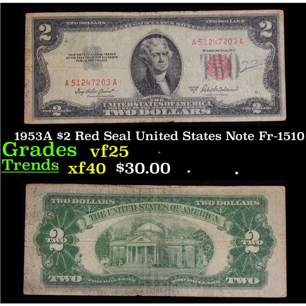 1953A $2 Red Seal United States Note Fr-1510 Grades vf+
