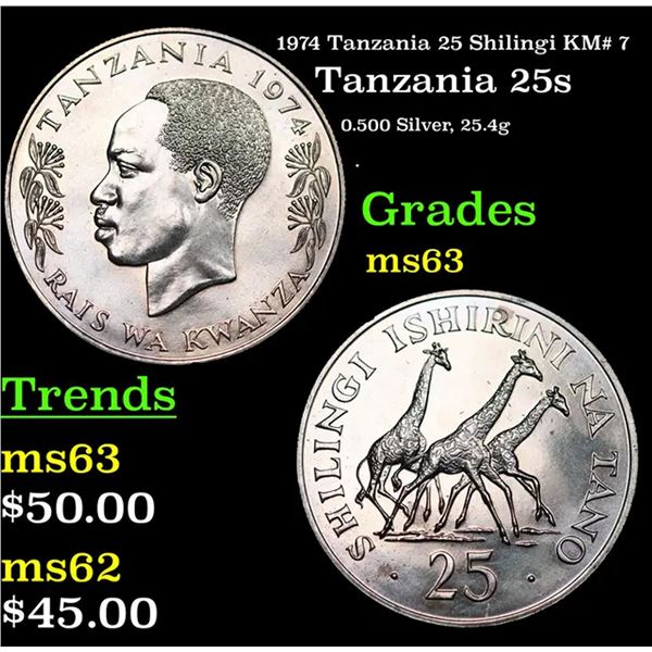 1974 Tanzania 25 Shilingi KM# 7 Grades Select Unc