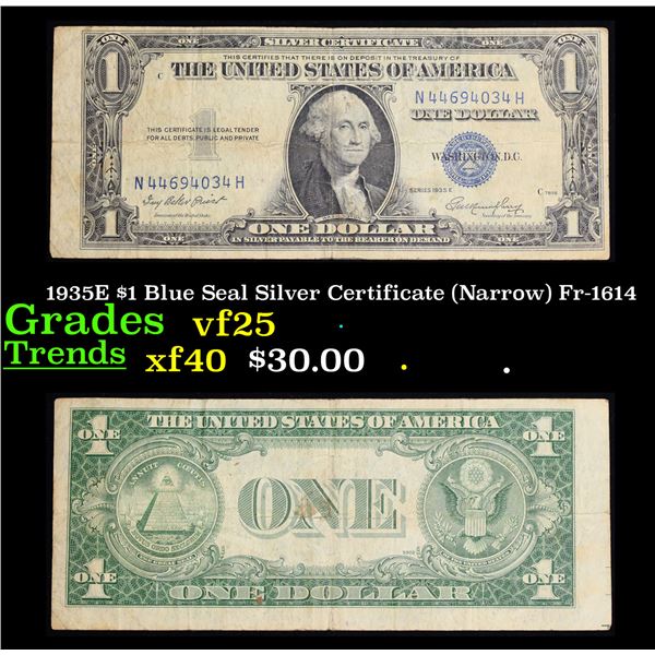 1935E $1 Blue Seal Silver Certificate (Narrow) Fr-1614 Grades vf+