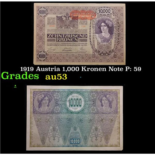 1919 Austria 1,000 Kronen Note P: 59 Grades Select AU