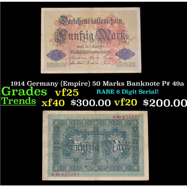 1914 Germany (Empire) 50 Marks Banknote P# 49a Grades vf+