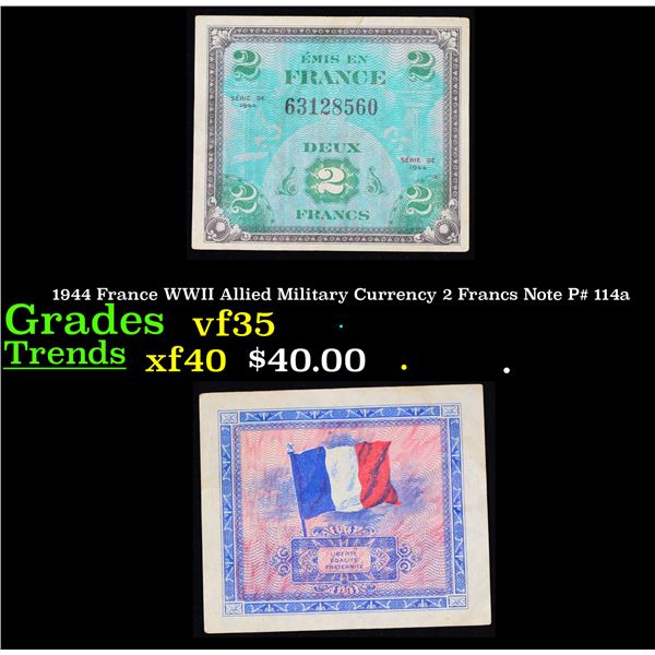 1944 France WWII Allied Military Currency 2 Francs Note P# 114a Grades vf++