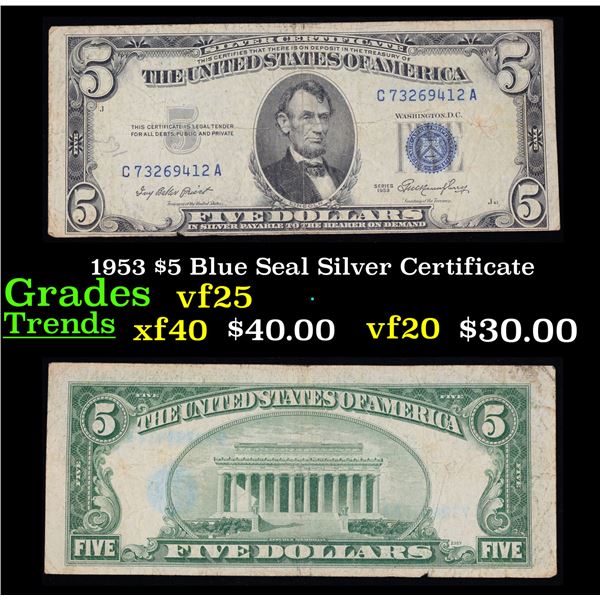 1953 $5 Blue Seal Silver Certificate Grades vf+