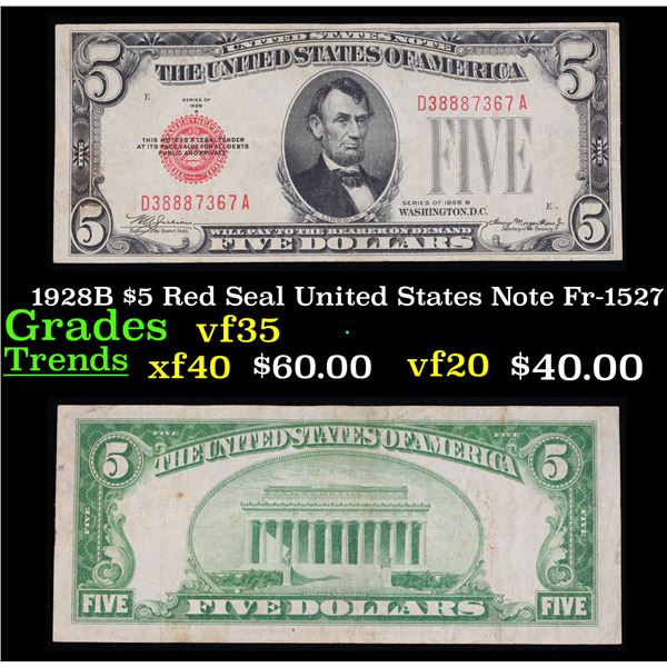 1928B $5 Red Seal United States Note Fr-1527 Grades vf++