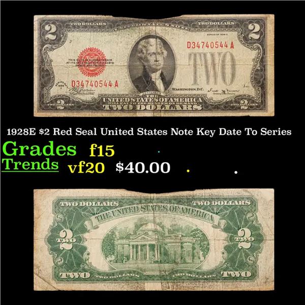 1928E $2 Red Seal United States Note Key Date To Series Grades f+