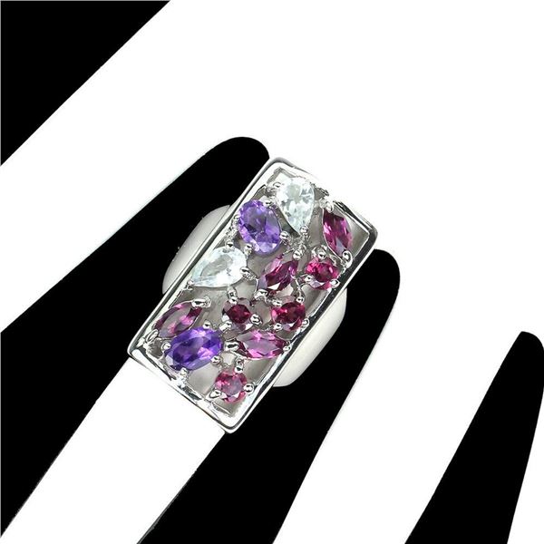 Natural Amethyst Aquamarine Rhodolite Garnet Ring