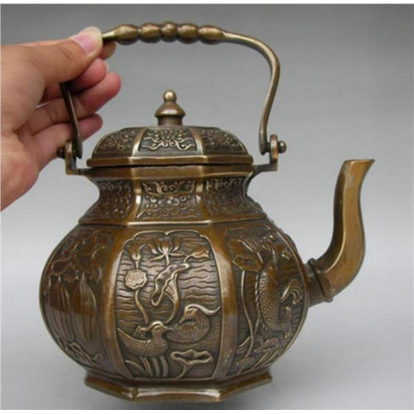 Chinese brass Fish Mandarin Duck Wine Pot Flagon Kettle