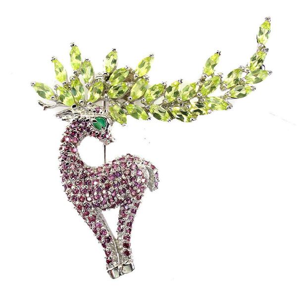 Natural Emerald Peridot &  Rhodolite Garnet Brooch