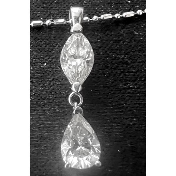 2 Stone Genuine Diamond 21  14K White Gold Necklace, Pear Shape & Marquis Diamonds, .70 Ct ea