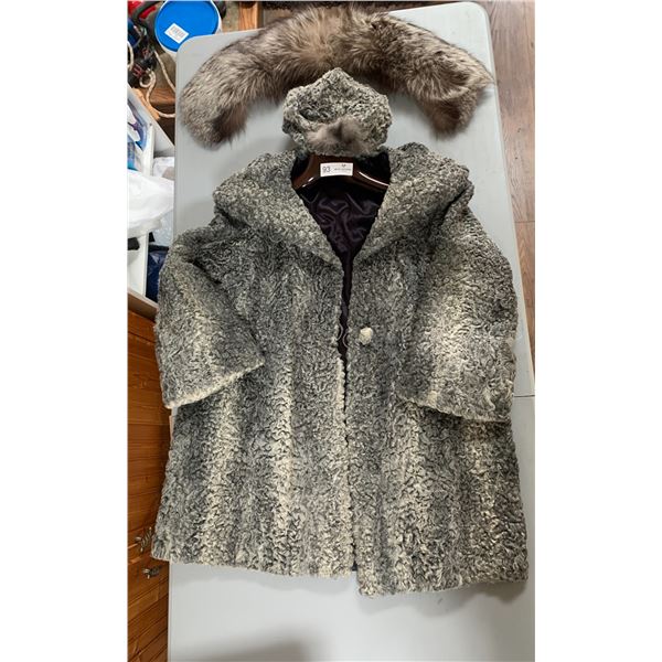 Vintage Gray Persian Lamb Fur Coat w/ Matching Hat - 3/4 Length, No Size - Includes Mink Collar!