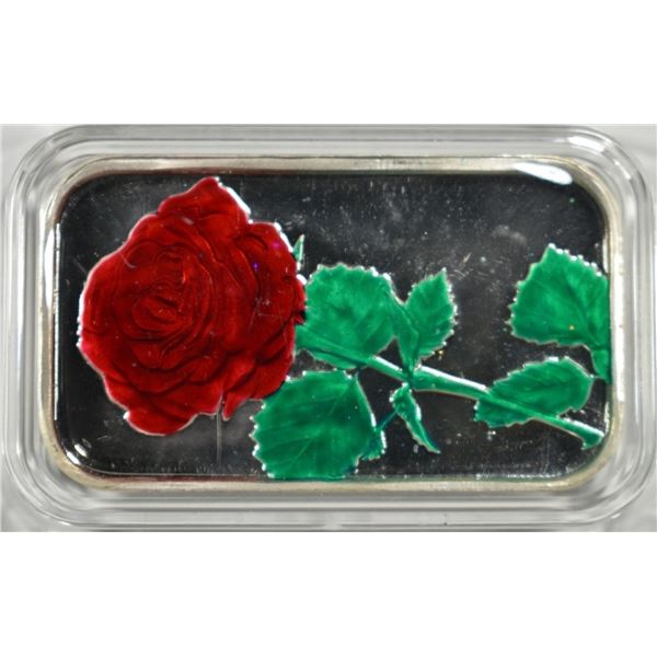 ONE OZ .999 ENAMELED RED ROSE  SILVER BAR