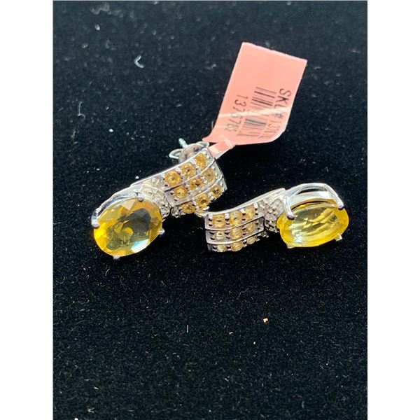 CANARY YELLOW FLUORITE (OVL) BRAZILIAN CITRINE, WHITE TOPAZ EARRINGS IN STERLING SILVER NICKEL FR...