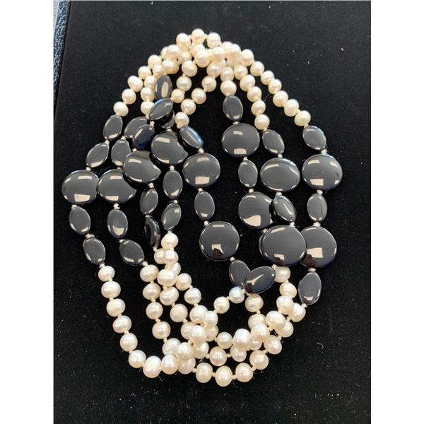 ENHANCED BLACK AGATE AND FRESHWATER PEARL ENDLESS NECKLACE 64"