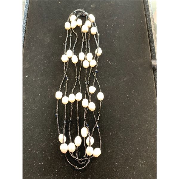 FRESHWATER PEARL, BLACK GLASS ENDLESS NECKLACE 78"