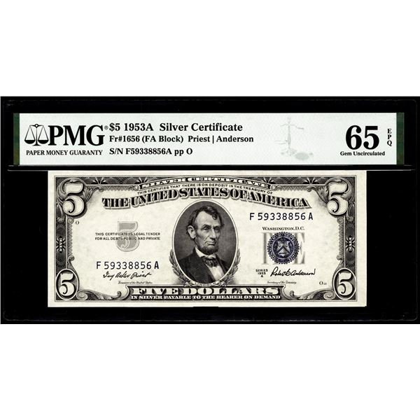 1953A $5 Silver Certificate Note Fr.1656 PMG Gem Uncirculated 66EPQ