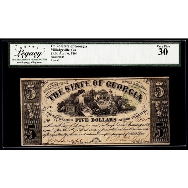 1864 $5 State of Georgia Milledgeville, GA Obsolete Note Legacy Very Fine 30