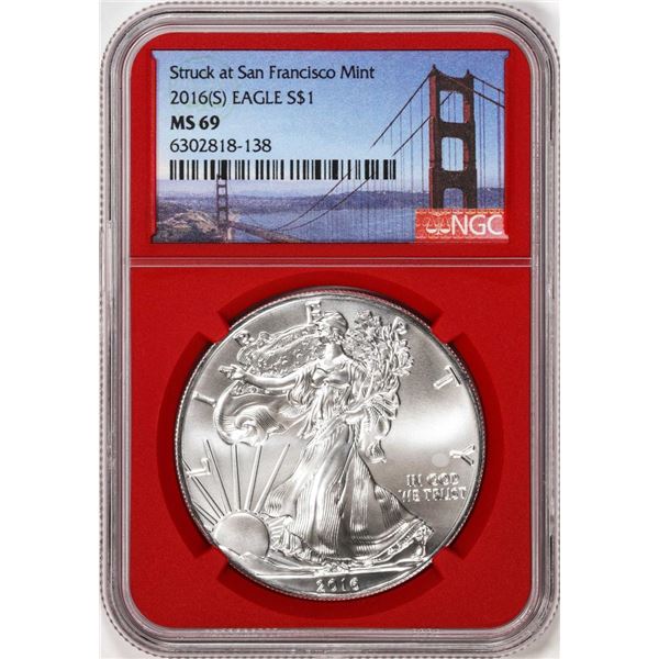 2016-(S) $1 American Silver Eagle Coin NGC MS69 Struck at San Francisco Red Core