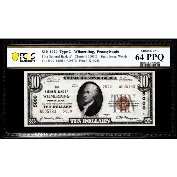 1929 $10 NB Wilmerding, PA CH# 5000 National Currency Note PCGS Choice UNC 64PPQ