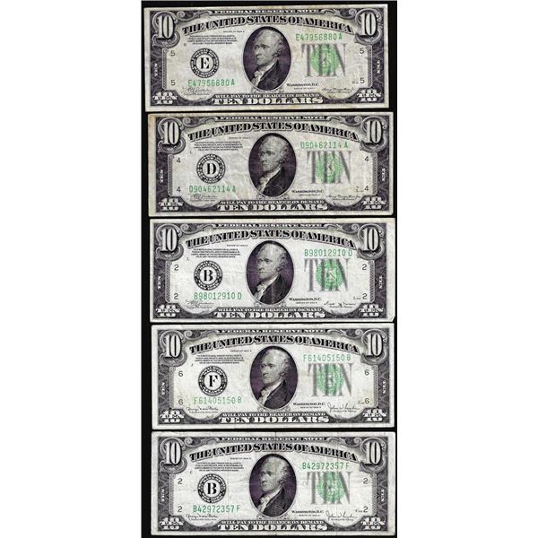 Lot of (5) 1934 $10 Federal Reserve Notes
