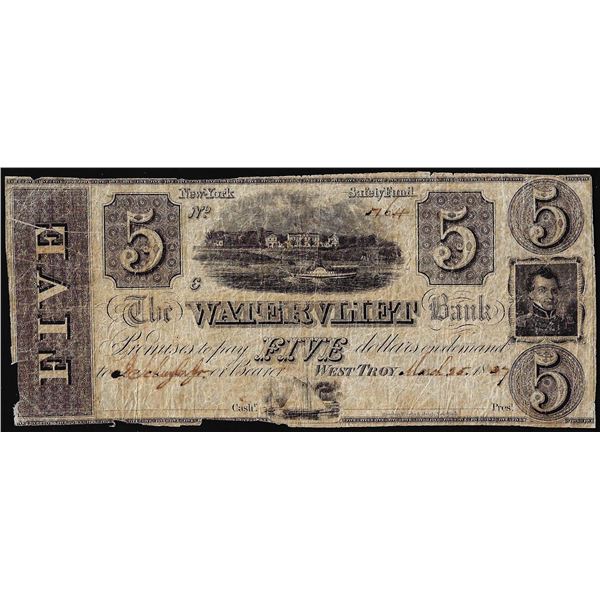 1837 $5 The Watervliet Bank West Troy, NY Obsolete Note